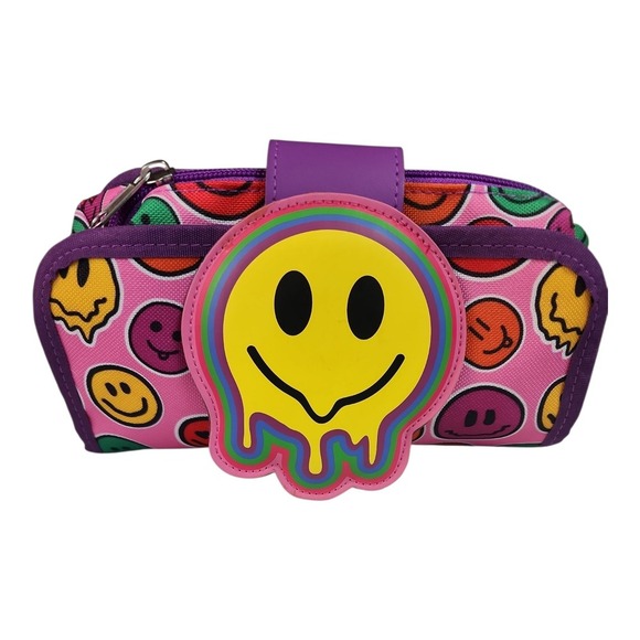 Smiley Face Pencil Case Large Capacity 8"x4.5" Holds 40 Pens Pink Cute Kawaii - Picture 1 of 5